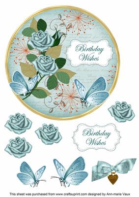 Teal Rose Birthday Wishes 7in Circle Decoupage Topper