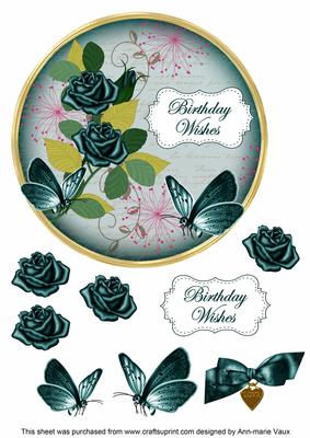 Peacock Rose Birthday Wishes 7in Circle Decoupage Topper