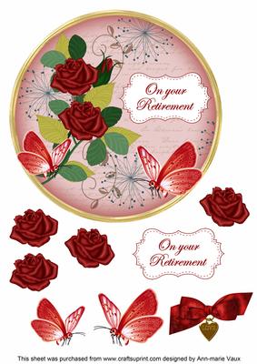 Red Rose Retirement 7in Circle Decoupage Topper