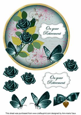 Peacock Rose Retirement 7in Circle Decoupage Topper