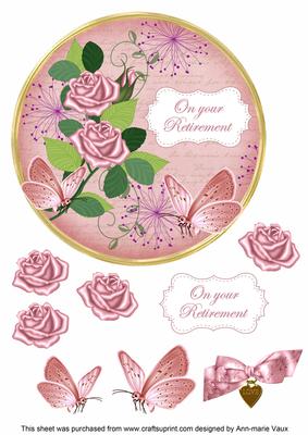 Pink Rose Retirement 7in Circle Decoupage Topper