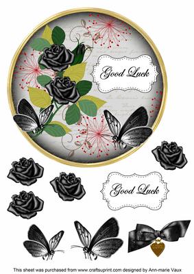 Black Rose Good Luck 7in Circle Decoupage Topper
