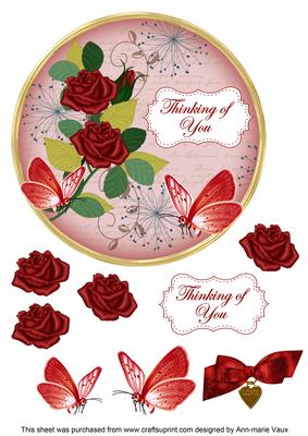Red Rose Thinking of You 7in Circle Decoupage Topper