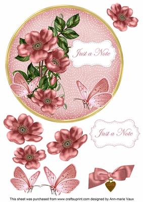 Pink Wild Rose Just a Note 7in Circle Decoupage Topper