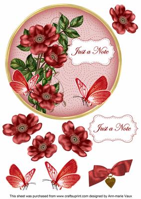 Red Wild Rose Just a Note 7in Circle Decoupage Topper