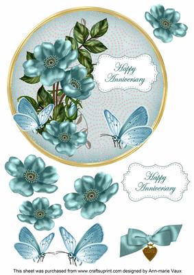 Dusky Teal Wild Rose Anniversary 7in Circle Decoupage Topper