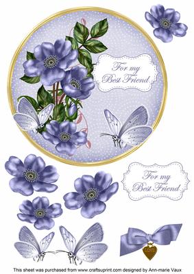 Blue Wild Rose Best Friend 7in Circle Decoupage Topper