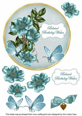 Dteal Wildrose Belated Birthday 7in Circle Decoupage Topper