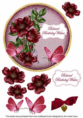 Hpink Wildrose Belated Birthday 7in Circle Decoupage Topper