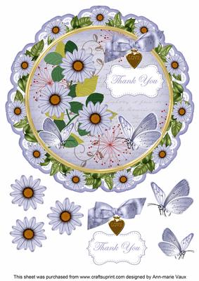 Blue Daisy Thank You 8in Doily Decoupage Topper