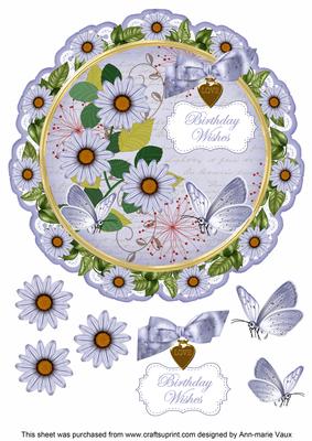Blue Daisy Birthday Wishes 8in Doily Decoupage Topper