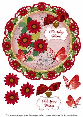 Red Daisy Birthday Wishes 8in Doily Decoupage Topper