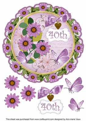Lilac Daisy 40th 8in Doily Decoupage Topper