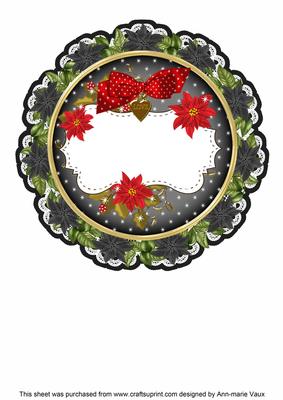 Black Red Christmas Poinsettia 8in Doily Card Insert Panel