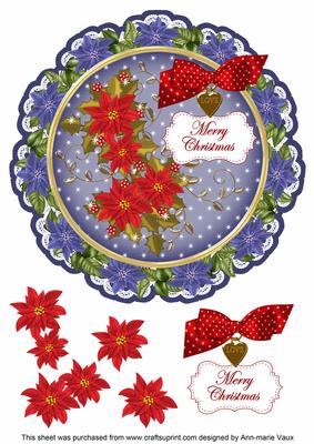 Blue R Poinsettia Merry Christmas 8in Doily Decoupage Topper