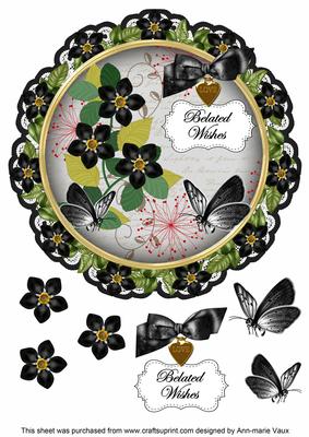 Black Fmk Belated Wishes 8in Doily Decoupage Topper
