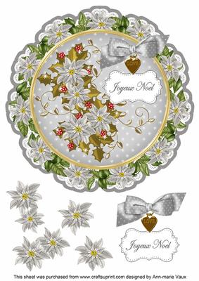Silver Poinsettia Joyeux Noel 8in Doily Decoupage Topper