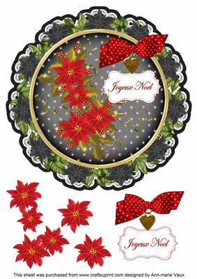 Black Red Poinsettia Joyeux Noel 8in Doily Decoupage Topper
