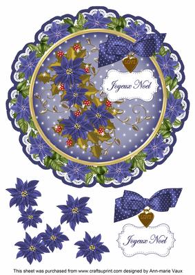 Blue Poinsettia Joyeux Noel 8in Doily Decoupage Topper