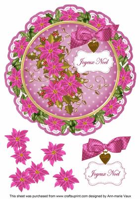 Cerise Poinsettia Joyeux Noel 8in Doily Decoupage Topper