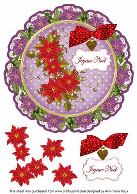 Purple Red Poinsettia Joyeux Noel 8in Doily Decoupage Topper