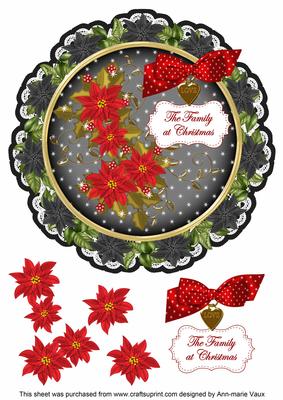 Black Red Poinsettia Family 8in Doily Decoupage Topper