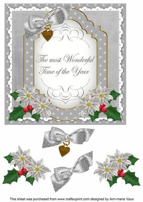 Silver Poinsettia Wonderful Time Fancy 7in Decoupage Topper