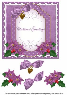 Purple Poinsettia Christmas Greetings 7in Decoupage Topper