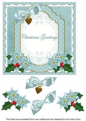 Dteal Poinsettia Christmas Greetings 7in Decoupage Topper