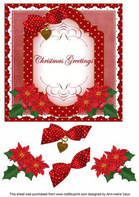 Red Poinsettia Christmas Greetings 7in Decoupage Topper