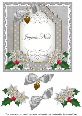 Silver Poinsettia Joyeux Noel Fancy 7in Decoupage Topper