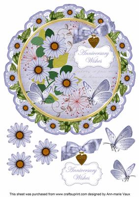 Blue Daisy Anniversary Wishes 8in Doily Decoupage Topper