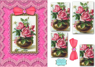 Pink Rose Vase A5 Lace Card Front Step by Step