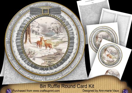 Snow Deer Sil Happy Christmas 8in Round Ruffle Mini Card Kit
