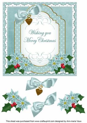 Dusky Teal Poinsettia Merry Christmas Fancy 7in Topper