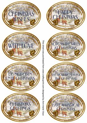 Snow Deer Christmas Oval Fancy Tag Sentiments
