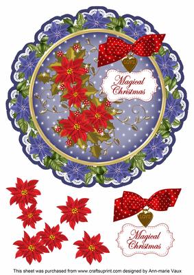 Blue Red Poinsettia Magical 8in Doily Decoupage Topper