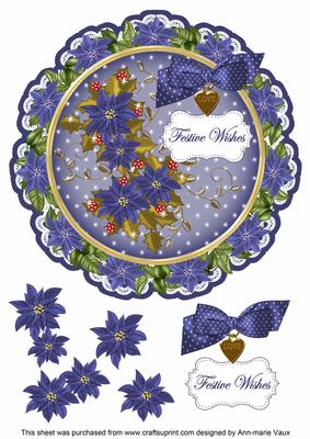 Blue Poinsettia Festive 8in Doily Decoupage Topper
