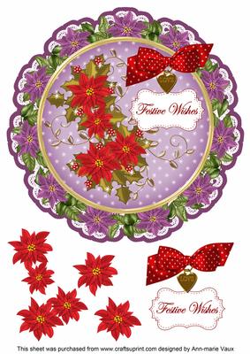 Purple Red Poinsettia Festive 8in Doily Decoupage Topper