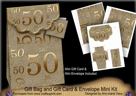 Gold 50 Birthday Gift Bag Mini Kit with Gift Card & Envelope