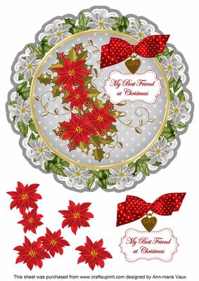 Silver Red Poinsettia Best Friend 8in Doily Decoupage Topper