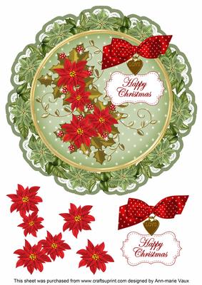 Olive Red Poin Happy Christmas 8in Doily Decoupage Topper