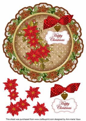 Vtea Red Poin Happy Christmas 8in Doily Decoupage Topper