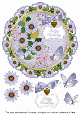 Blue Daisy Happy Birthday 8in Doily Decoupage Topper