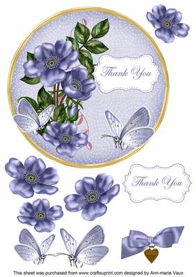 Blue Wild Rose Thank You 7in Circle Decoupage Topper