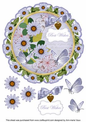 Blue Daisy Best Wishes 8in Doily Decoupage Topper