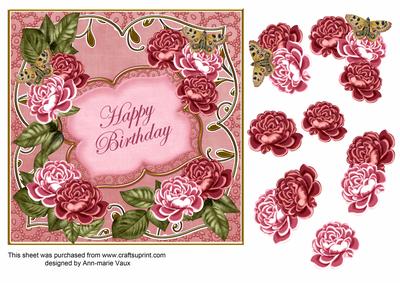 Pink Roses Happy Birthday 7in Fancy Decoupage Topper