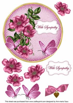 Cerise Wild Rose Sympathy 7in Circle Decoupage Topper