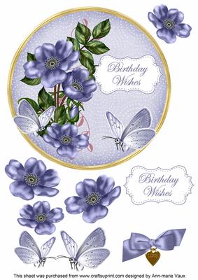 Blue Wild Rose Birthday Wishes 7in Circle Decoupage Topper