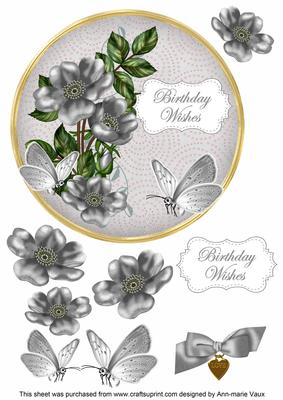 Silver Wild Rose Birthday Wishes 7in Circle Decoupage Topper